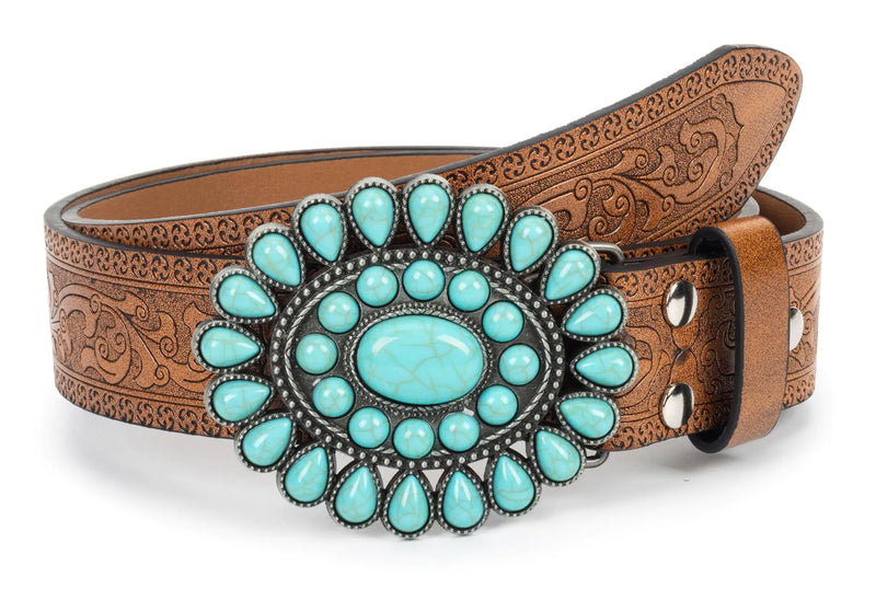 XuoAz Women Western-Leather-Belt Turquoise-Cowboy-Cowgirl-Belts Vintage Country-Belt for Jeans Pants 33