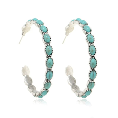 Bohemian Vintage Turquoise Oval Flower Drop Dangle Earrings Geometric Ethnic Teardrop Earrings Western Cowgirl Statement Jewelry-hoop