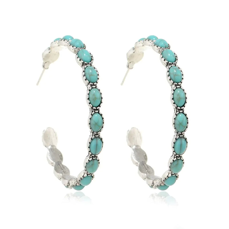 Bohemian Vintage Turquoise Oval Flower Drop Dangle Earrings Geometric Ethnic Teardrop Earrings Western Cowgirl Statement Jewelry-hoop