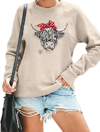RMTXCD Women Cow Sweatshirt Funny Animal Graphic Long Sleeve Top Farm Life Pullover Western Cowgirl Casual Shirts Apricot